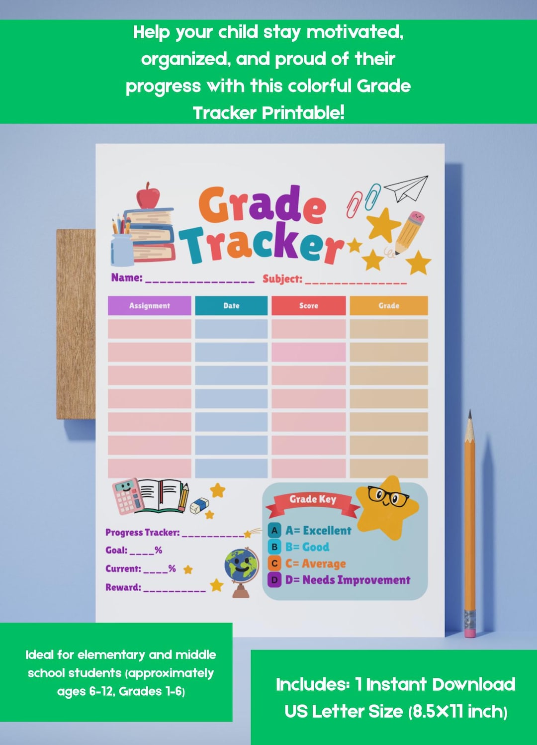 Kids Grade Tracker Printable | Homework Assignment Score Sheet ...