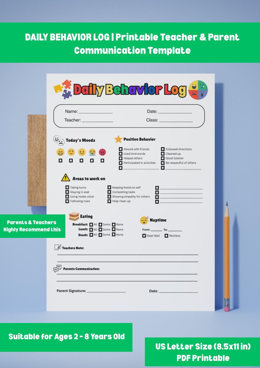 Daily Behavior Log Printable | Preschool Classroom Management | Parent ...