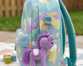 Handmade Crochet Unicorn Keychain with Strawberry Charm | Purple Amigurumi Backpack Accessory