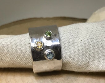 Three stone ring, sterling silver, band, gemstone ring, wide band ring