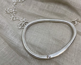 Large sterling link necklace, white sapphire,rolo chain