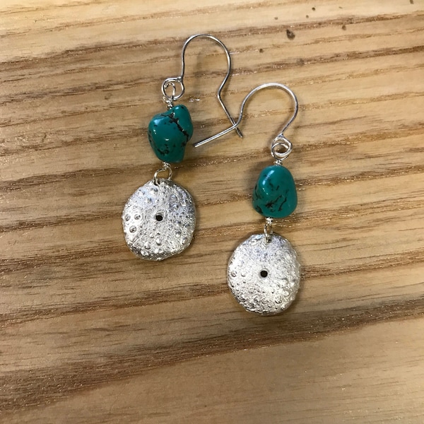 Silver shell earrings, fine silver, pmc and sterling, turquoise bead