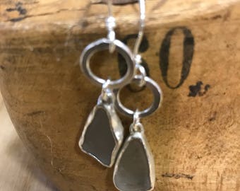 Beach glass and sterling silver earrings, bezel wrapped