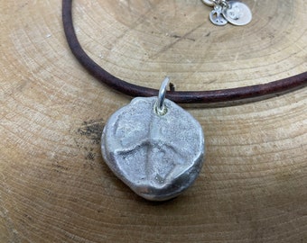 Rustic peace pendant necklace, sterling silver and brown leather