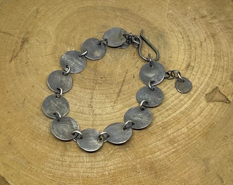 Sterling disc bracelet, sterling silver rustic, blackened