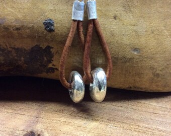 Handmade silver beads and leather dangling earrings