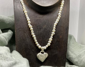 Rustic heart and pearl necklace, sterling silver, hand cast
