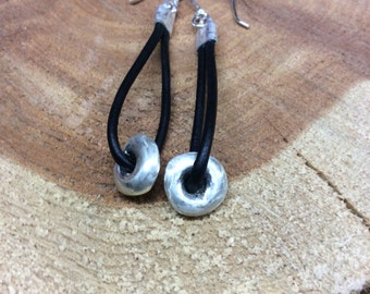 Handmade silver beads and leather dangling earrings