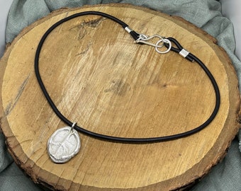 Rustic peace pendant  necklace, sterling silver and black leather