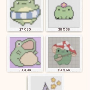 May include: A bundle of five crochet frog graph patterns. Each pattern is displayed in a square frame with dimensions in pixels. The frogs are in various poses, some with accessories like a life preserver or a mushroom hat. The text "Crochet frog graph bundle of 5" is at the top.