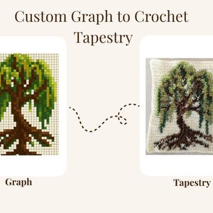 May include: Image showing a custom graph for a crochet tapestry. The graph depicts a pixelated willow tree with green leaves and a brown trunk and roots. The tapestry version is a finished crochet piece of the same tree.