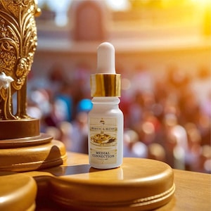 Könnte beinhalten: Kleine weiße Flasche mit goldenem Verschluss und Pipette, beschriftet mit "MEDIAL CONNECTION" und "REQUENC & BLENDS". Die Flasche steht auf einer Holzoberfläche, mit verschwommenem Hintergrund von Personen und einem goldenen Deko-Objekt.