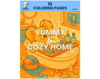 Op de afbeelding: Een kleurboekcover met een cartoonhond in een badkuip. De tekst luidt "Yummy & Cozy Home" en "10 Coloring Pages". De illustratie toont kaarsen, een handdoekenmand en flessen met de tekst "Salt" en "Oil".