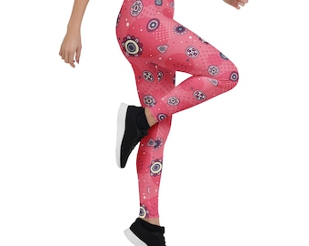 Pink floral pattern leggings, women's high-waisted workout tights, yoga pants, athletic activewear