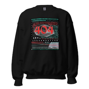 May include: Black sweatshirt with a graphic design. The design features the number "404" in red, set against a backdrop of computer code and the words "CONVERSATION FRAGMENT NOT". The design is centered on the front.