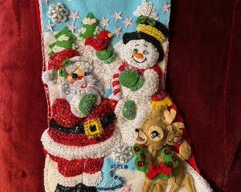 Customizable holiday stocking, Santa with snowman and reindeer, hand embroidered and beaded