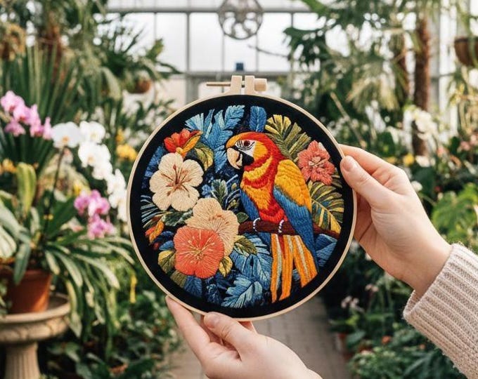 Plant lover gift colorful DIY embroidered parrot and floral hoop art