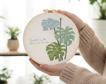 Embroidery hoop art DIY Botanical garden wall decor with Monstera leaves