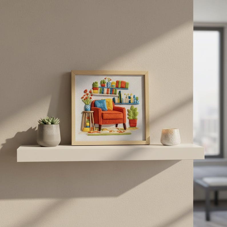 Colorful Bookshelf and Cozy Armchair Decor DIY Beginner Hand Embroidery ...