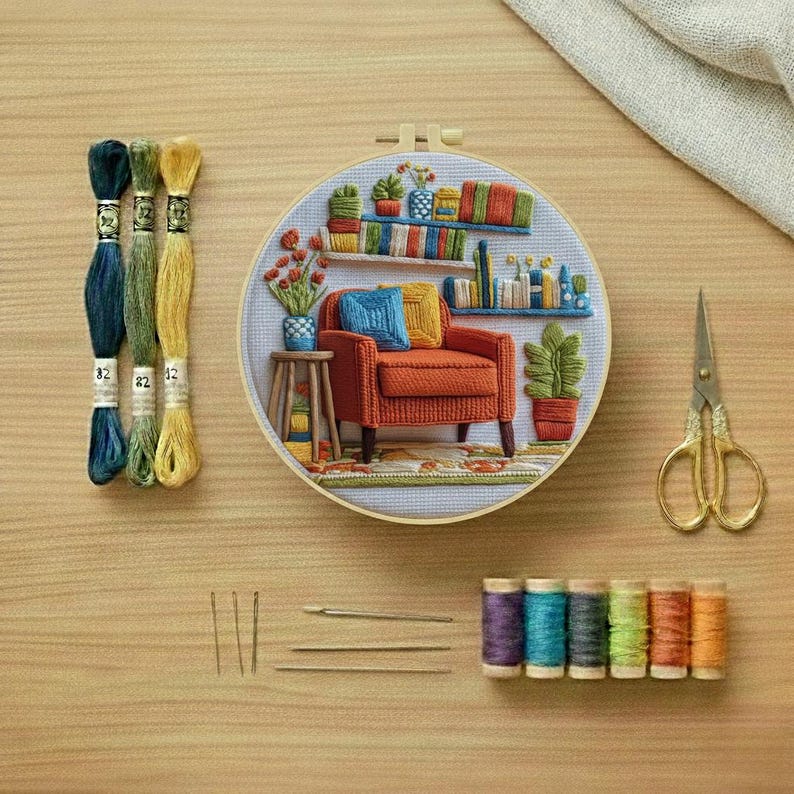 Colorful Bookshelf and Cozy Armchair Decor DIY Beginner Hand Embroidery ...