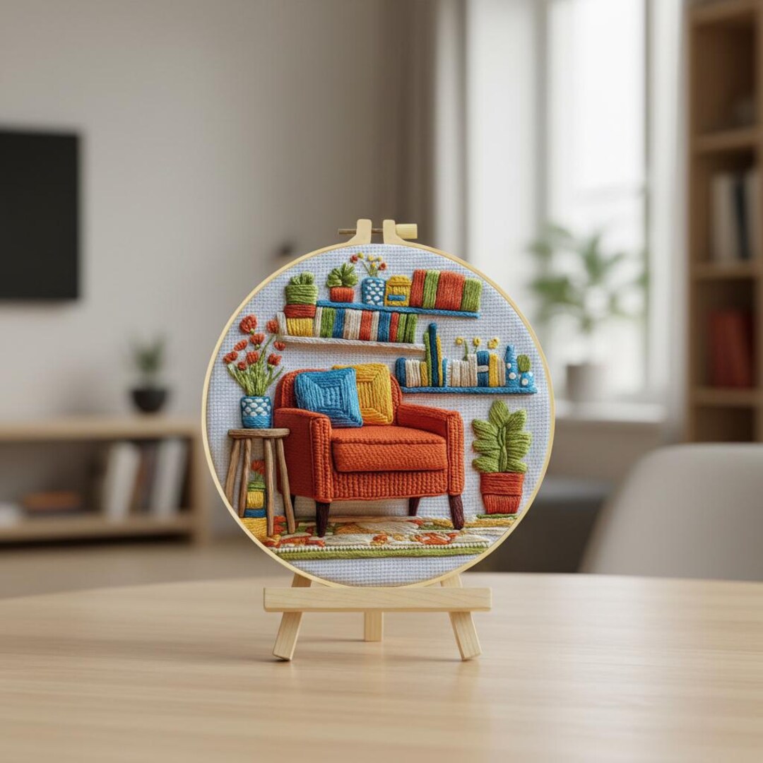 Colorful Bookshelf and Cozy Armchair Decor DIY Beginner Hand Embroidery ...