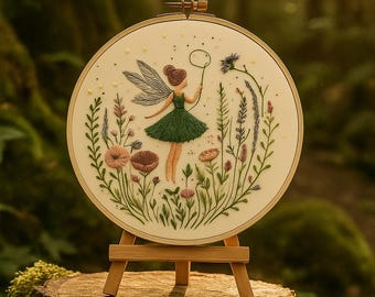 Könnte beinhalten: Runde Stickerei mit einer Fee in einem grünen Kleid, die einen Seifenblasenstab hält, umgeben von Blumen und Blättern. Das Kunstwerk wird auf einer kleinen Holzstaffelei präsentiert, vor einem verschwommenen Waldhintergrund.