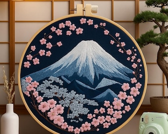 富士山刺繍キット - 初心者向け、桜と日本の風景を刺繍枠で描く手刺繍