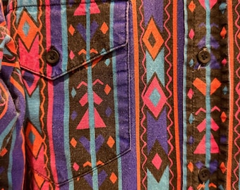 Vtg Canyon Trails Aztec Southwestern Button Shirt L/XL? Bright Multicolor
