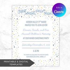 Pode incluir: Um convite digital para uma festa de Natal com o texto "Silent Night, Holy Night". O convite inclui detalhes para uma festa de Natal com jantar, cânticos natalinos e um presépio. Editável no Canva.