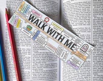 May include: A colorful bookmark with the text "WALK WITH ME" and references to biblical books. A pink pencil and a yellow pencil are on the open book.