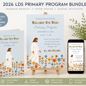 Pacchetto completo del programma della Primaria LDS 2026, programma di presentazione della Primaria modificabile in Canva, invito alla chiesa, poster per l'atrio, programma della riunione sacramentale.