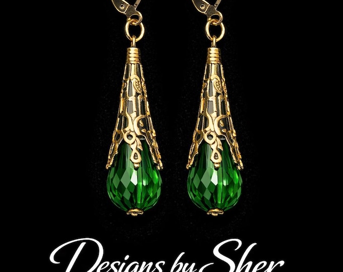 Handmade Synthetic Emerald Teardrop Gold Filigree Dangle Earrings