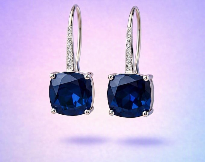 Sapphire 925 Silver Earrings | Handmade Synthetic Sapphire Lever Backs