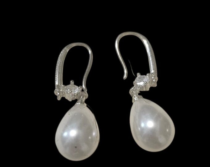 Handmade Pearl Drop Earrings: Silver With Crystals