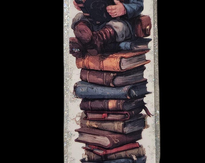 Elf Bookmark:  Handmade Elves Acrylic Page Marker with Tassel, Elves, Stack of Books