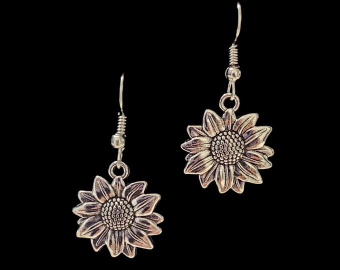Handmade Silver Sunflower Drop Earrings