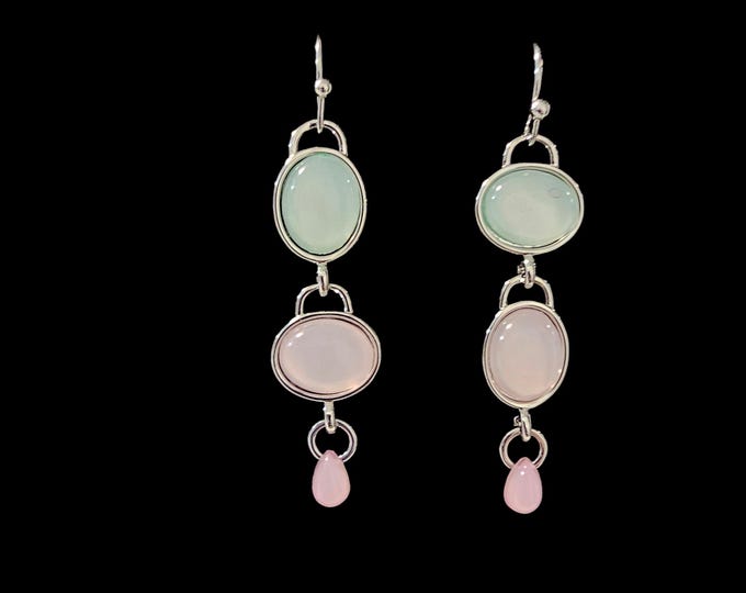 Handmade Bezel Green and Pink Dangle Earrings: Silver Ear Wires