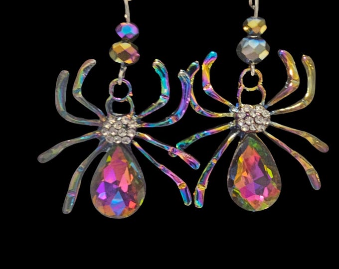 Handmade Silver Spider Dangle Earrings: Rainbow Crystals
