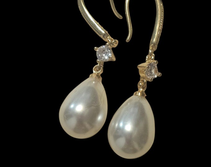 Handmade Teardrop Pearl Earrings: Gold Hooks /w Tiny Crystal