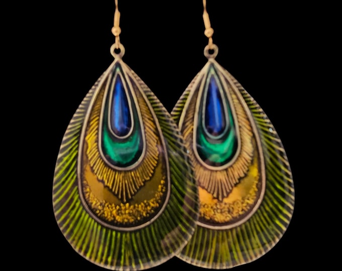 Handmade Peacock Feather Earrings: XL Metal Teardrop Dangle Earrings