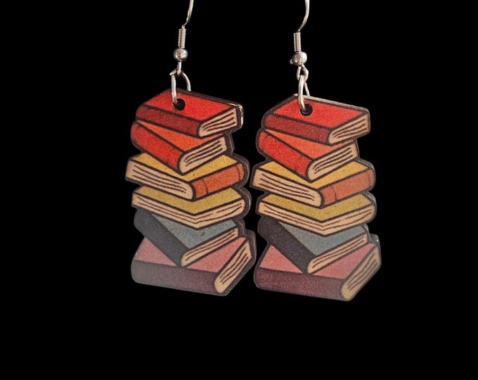 Handmade Book Wood Dangle Earrings: Silver Ear Wire Wooden Earrings