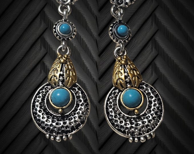 Handmade Turquoise Dangle Earrings: Silver and Brass Stud Earrings