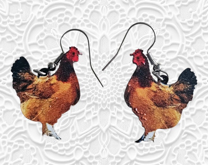 Handmade Chicken Drop Earrings with Silver Ear Wires