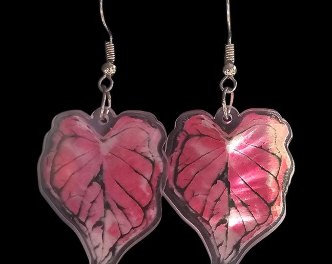 Handmade Pink Leaf Dangle Earrings: Plastic Plant Jewelry
