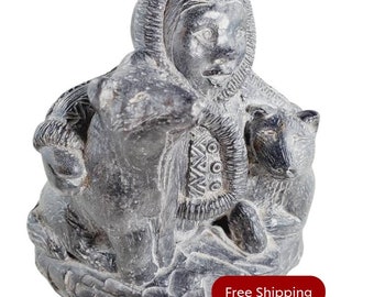 Eskimo and Dogs Figurine Inuit Art Wolf Sculpture @Everything Vintage FREE SHIPPING