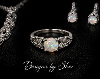 Synthetic Opal Filigree Ring in Silver | Handcrafted aCeltic-Inspired Design with Crystal Accents