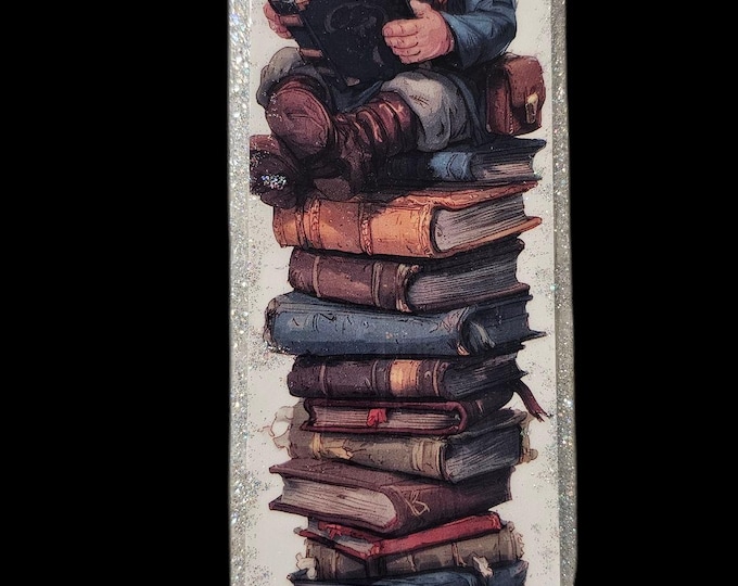 Handmade Elf Bookmark:  One-Of-A-Kind Acrylic Page Marker with Tassel, Elves, Stack of Books