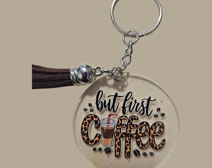 Handmade Coffee Keychain: One-Of-A-Kind Acrylic Keychain with Brown Leather Tassel