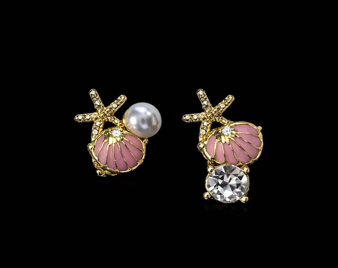 Ocean-Inspired Starfish & Seashell Stud Earrings – Gold-Toned Charm with Pearl Crystal Accents
