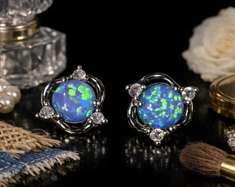 Lab Opal Stud Earrings with Zircon Accents | Handcrafted Silver Setting (Wedding Jewelry)